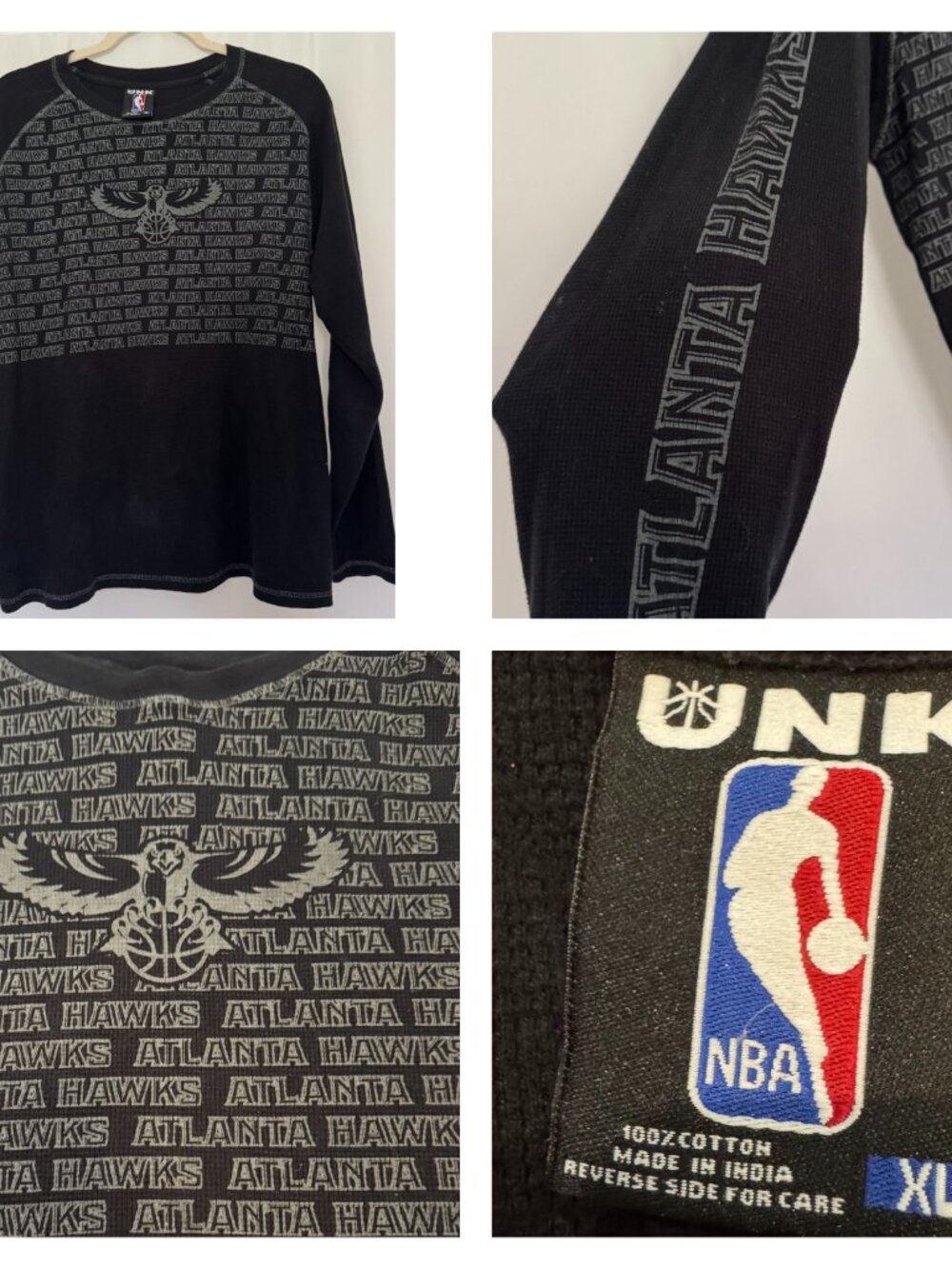 Vintage UNK NBA Atlanta Hawks Shirt Long Sleeve Thermal Black Gray Extra Large